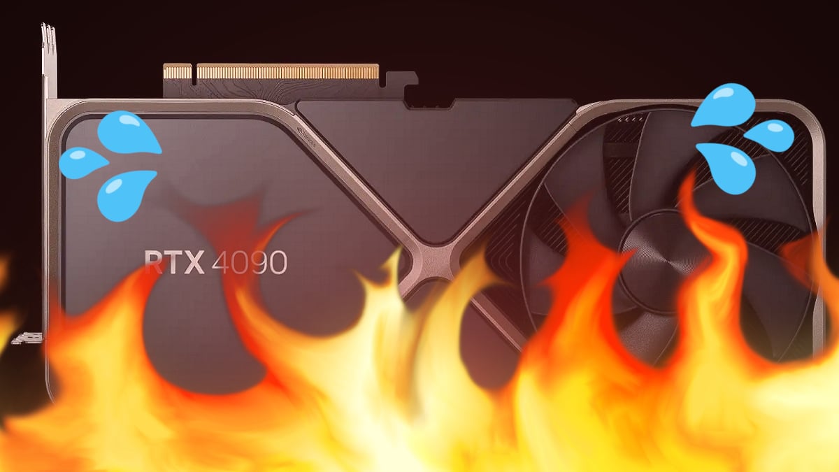 An Nvidia RTX 4090 with cartoon flames in front of it.