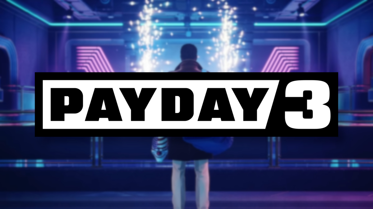 Payday 3 logo with a bank robber behind it bathed in neon lighting.