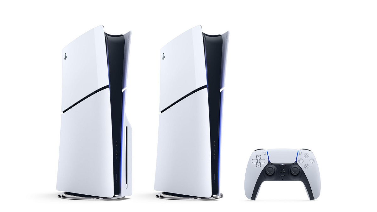 Two PS5 consoles and a control pad on a white background.