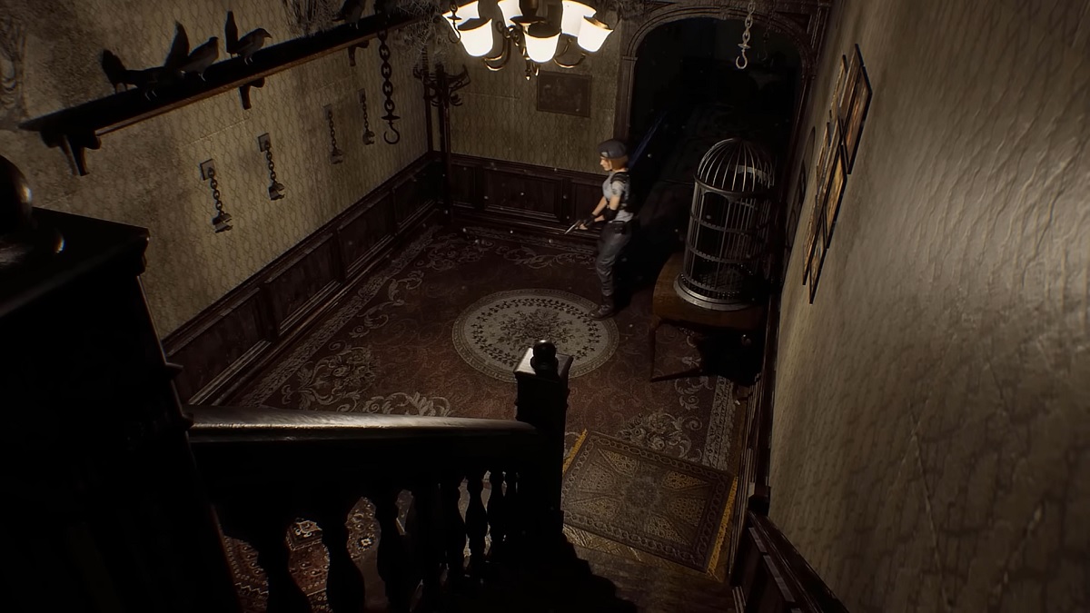 Resident Evil UE5: Jill Valentin walks through a hall in the Spencer Mansion.