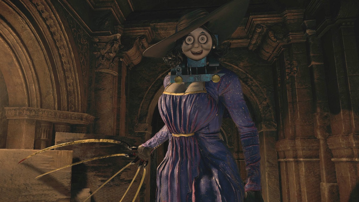Resident Evil Village: Lady Dimitrescu with a Thomas the Tank Engine face.