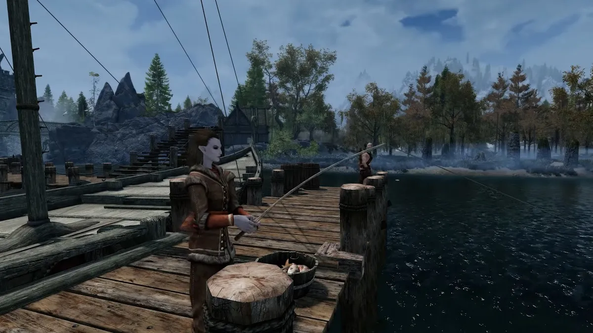 Skyrim: a third-person view of the player fishing on the docks.