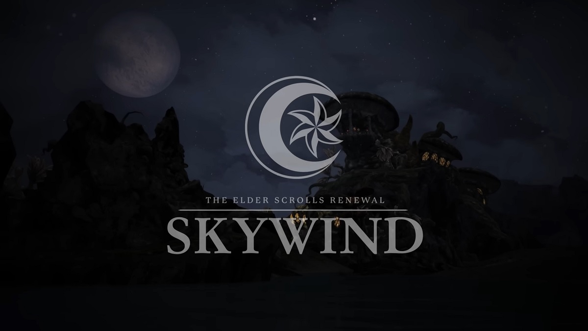 The Skywind logo with the moon and night sky behind it.