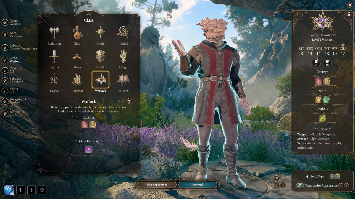 Dragonborn Warlock on character creation screen