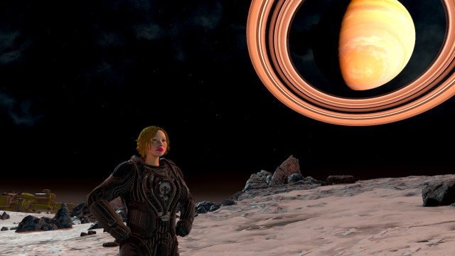 Starfield protagonist standing in front of a ringed planet.