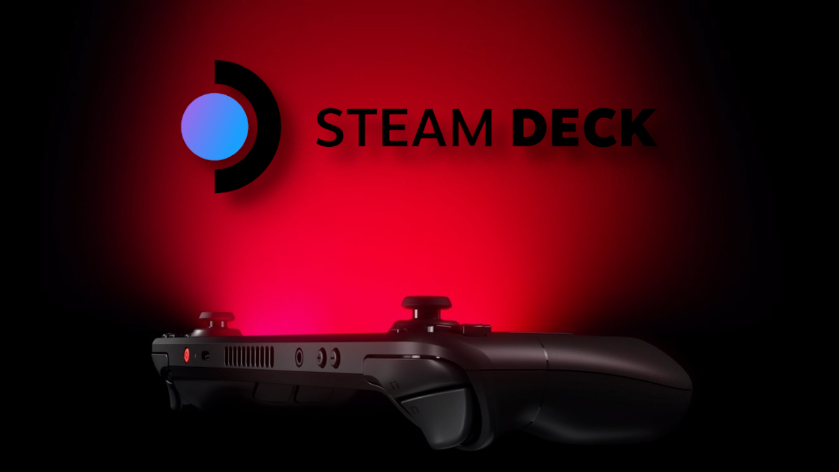 A Steam Deck OLED with a red glowing light coming from it.