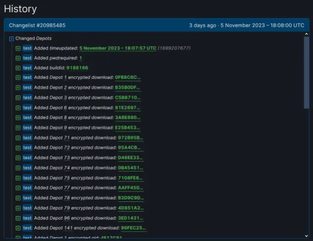SteamDB screenshot showing a list of new depots being added to Half-Life.