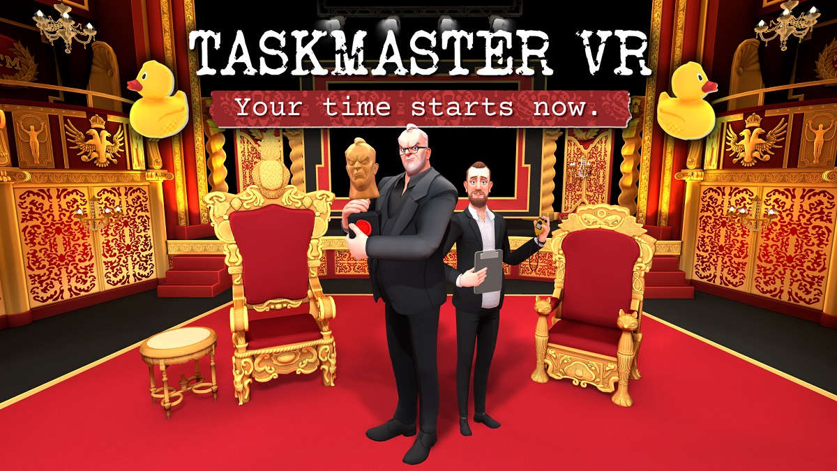 Taskmaster VR: Image showing a rendered version of the Taskmaster studio, with Greg and Alex in the middle.