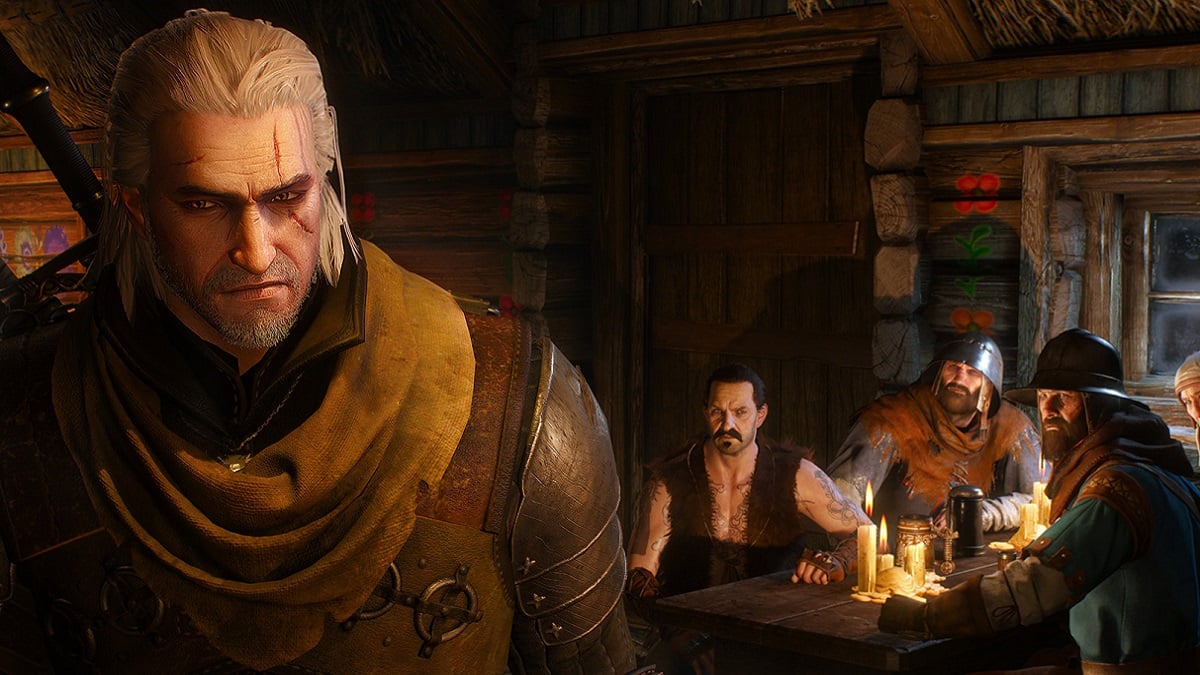 The Witcher 3: Geralt in a pub with some people sat nearby on a table.
