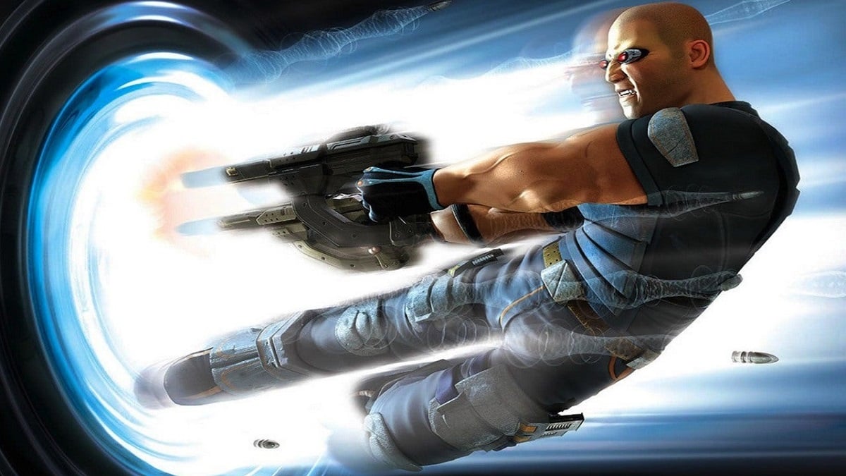 TimeSplitters: Sergeant Cortez flying backwards from a bright explosion.