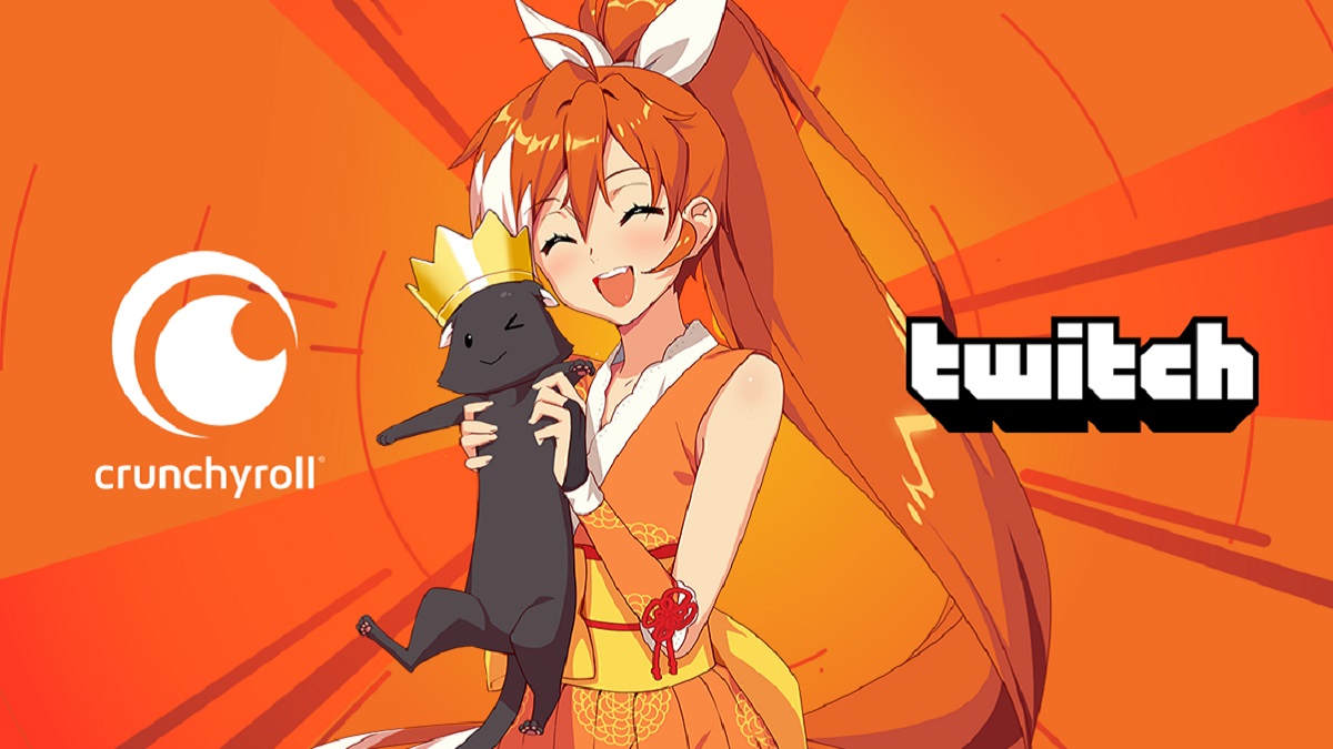 An anime girl holding a cat on a bright orange background in between the Twitch and Crunchyroll logos.