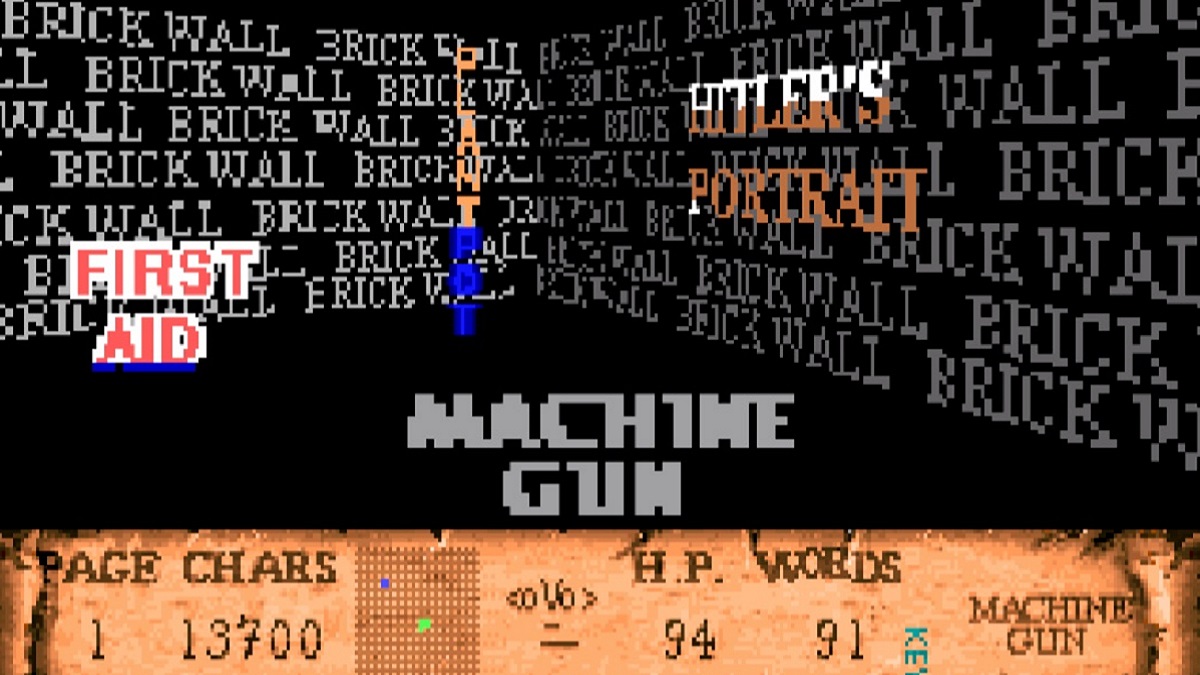 Wolfenstein 3D: all textures replaced with text, such as brick wall, first aid, and machine gun.