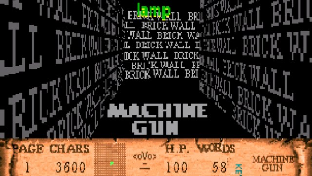 Wolfenstein 3D: Alle Texturen wurden durch Text ersetzt, z. B. Ziegelmauer, Lampe und Maschinengewehr.