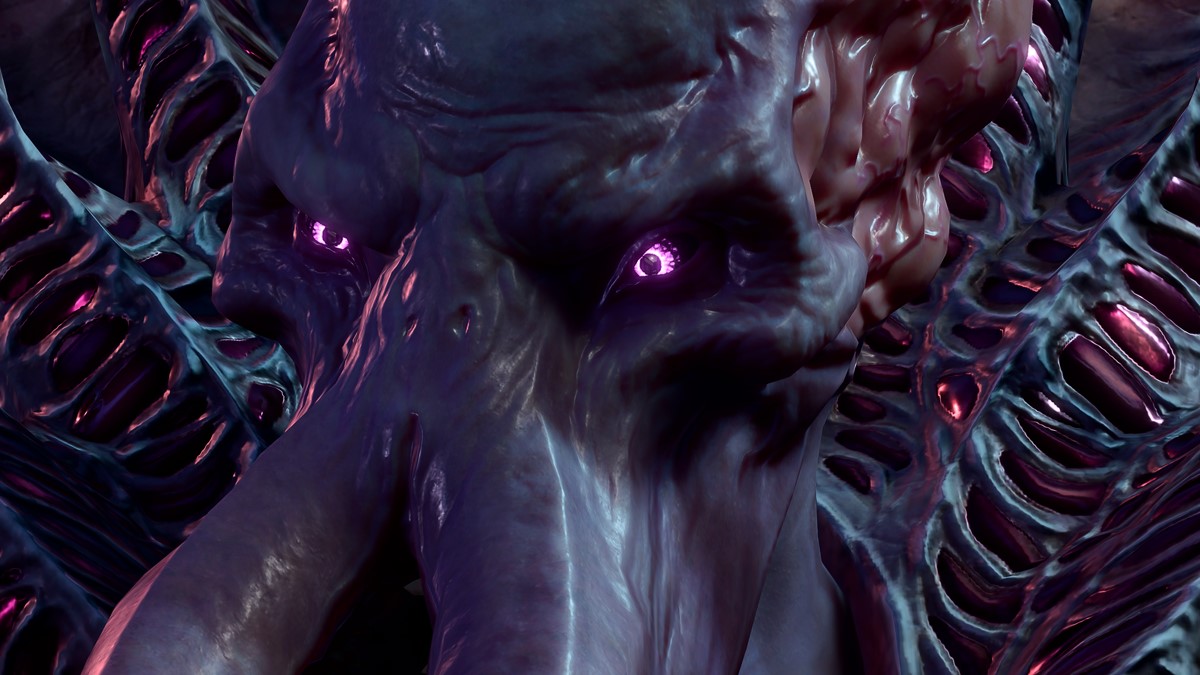 Baldur's Gate 3 Mindflayer mit lila Augen, der wütend blinzelt
