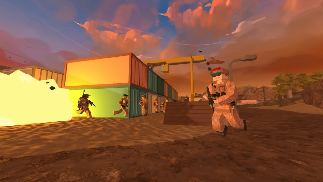 Block-style soldiers running across the desert in BattleBit Remastered