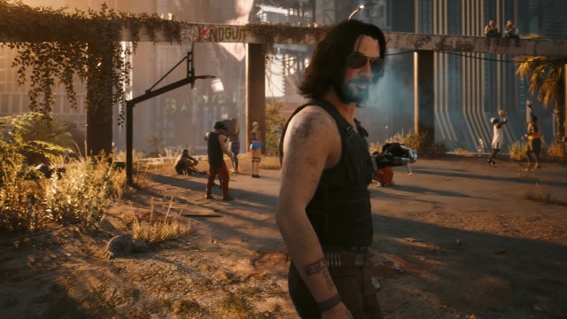 Johnny with a cigarette, snapped at sunset in Cyberpunk 2077 Phantom Liberty DLC
