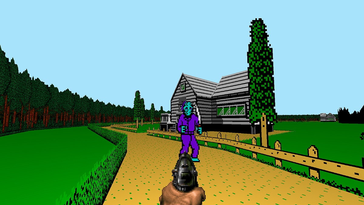 Doom: a pixelated Jason Voorhees approaches Doomguy at Camp Crystal Lake.