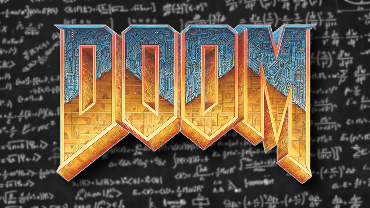 Das Doom-Logo mit einer Tafel dahinter, die mit Formeln und Gleichungen bedeckt ist.
