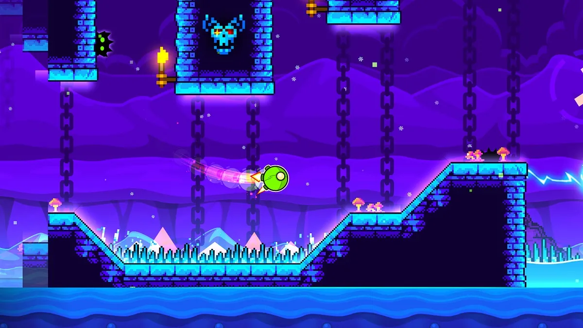Geometry Dash: a green spaceship moving through a level with a purple background.