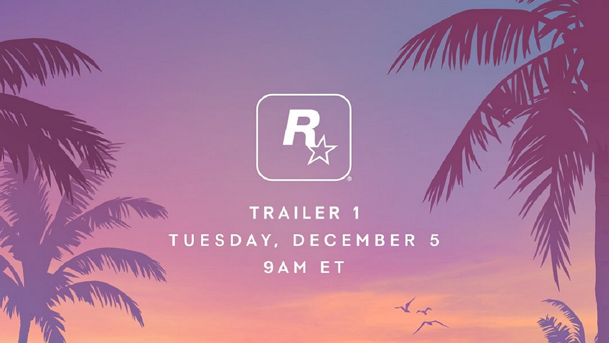 The GTA 6 trailer announcement on a pink sunset with palm trees either side.