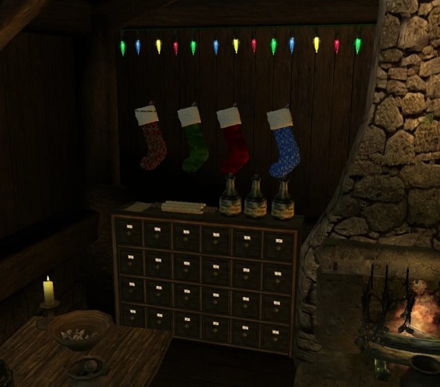 Morrowind: Christmas stockings above a chest of drawers.