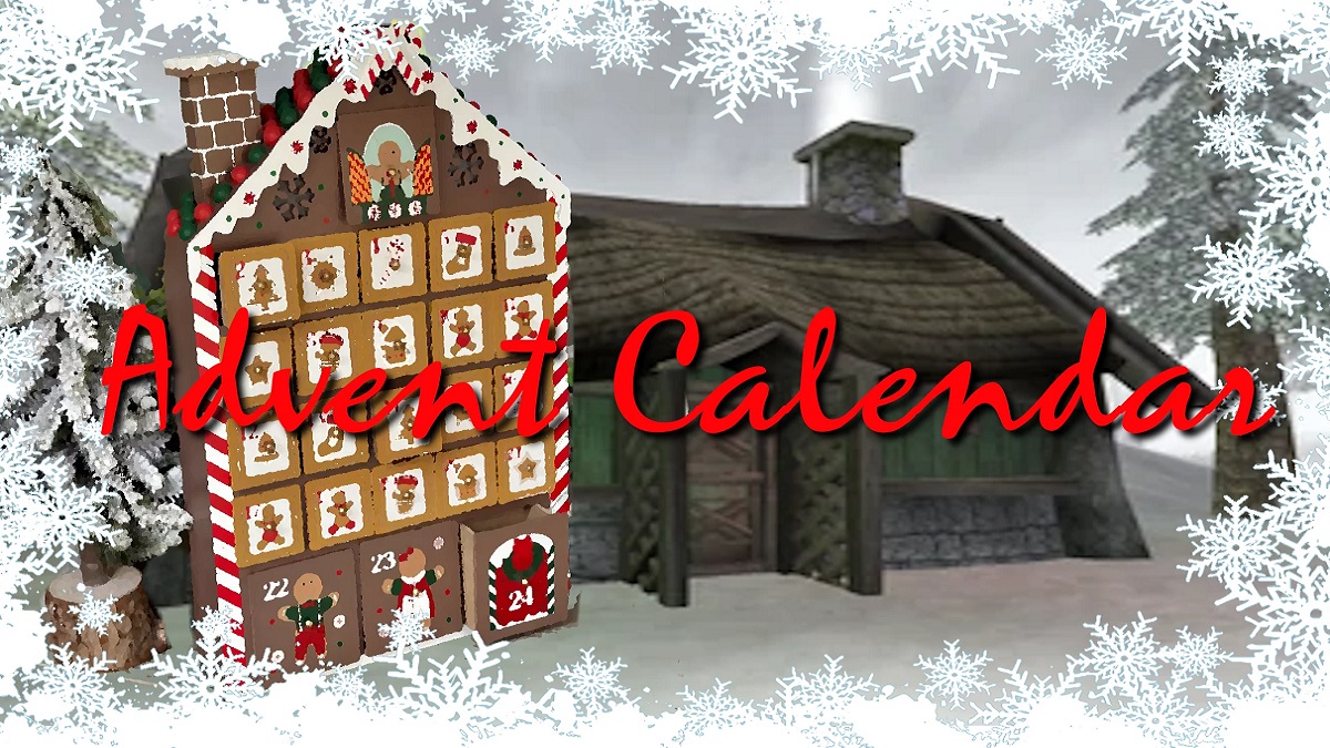 Morrowind: a gingerbread advent calendar in front of an Elder Scrolls 3 house.