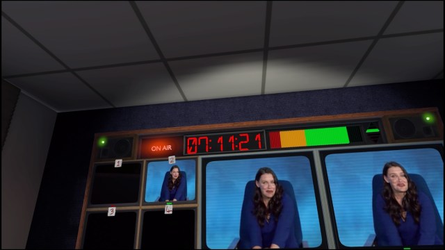 News presenter in Not for Broadcast VR. 