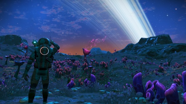 No Man's Sky: a traveler looks out onto the horizon of a dark planet.