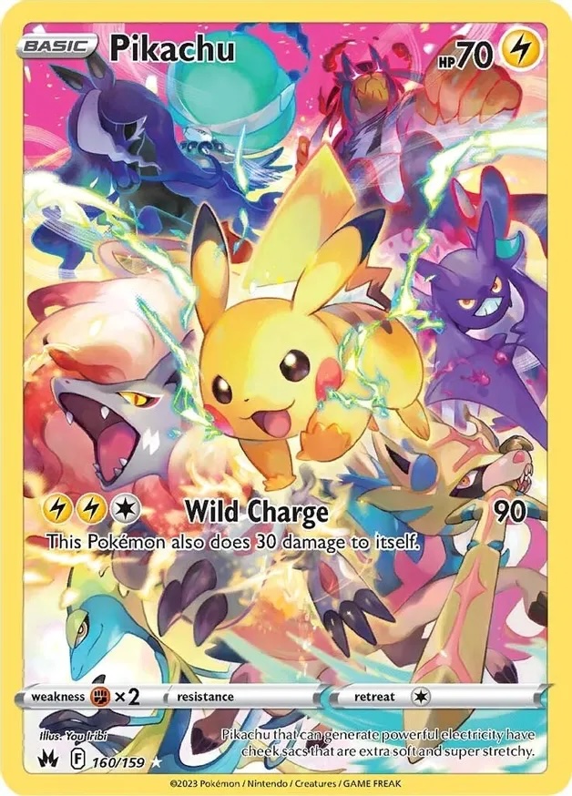 Pikachu wild charge secret rare card from Crown Zenith set in Pokemon TCG.
