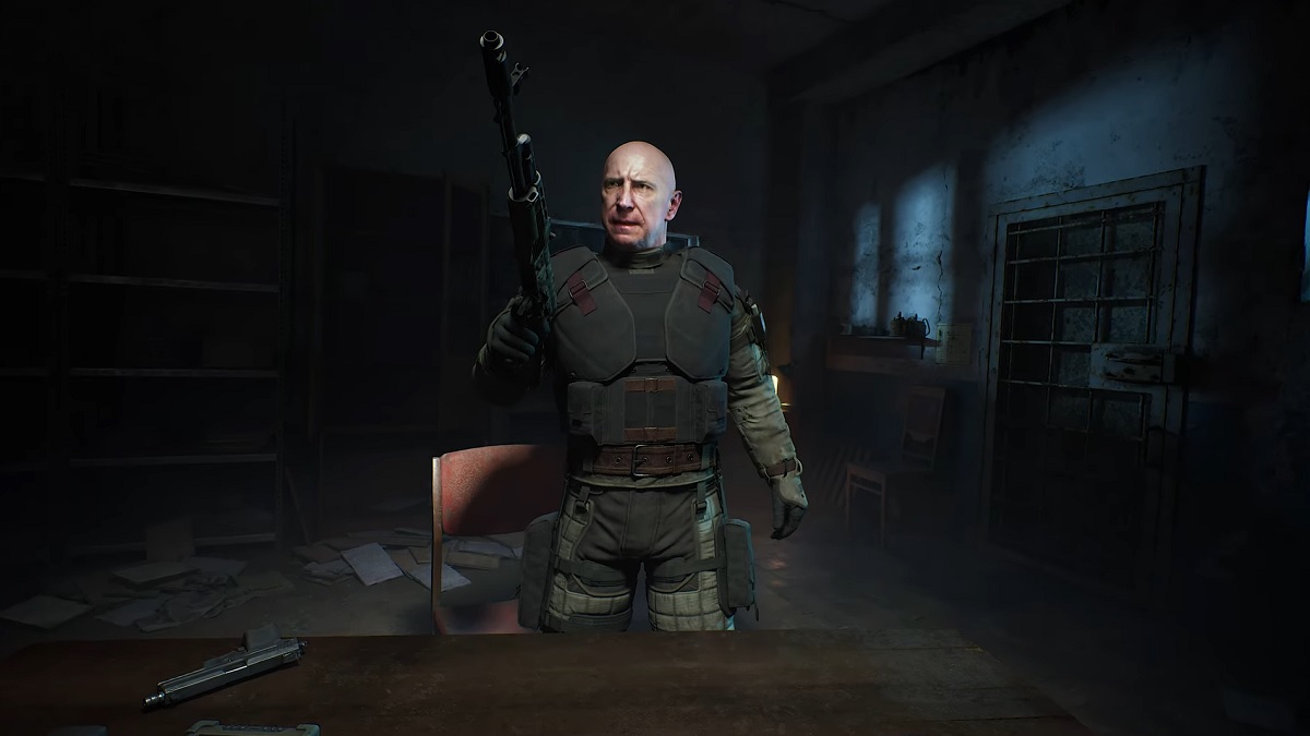 STALKER 2: a bald man holds up a shotgun.