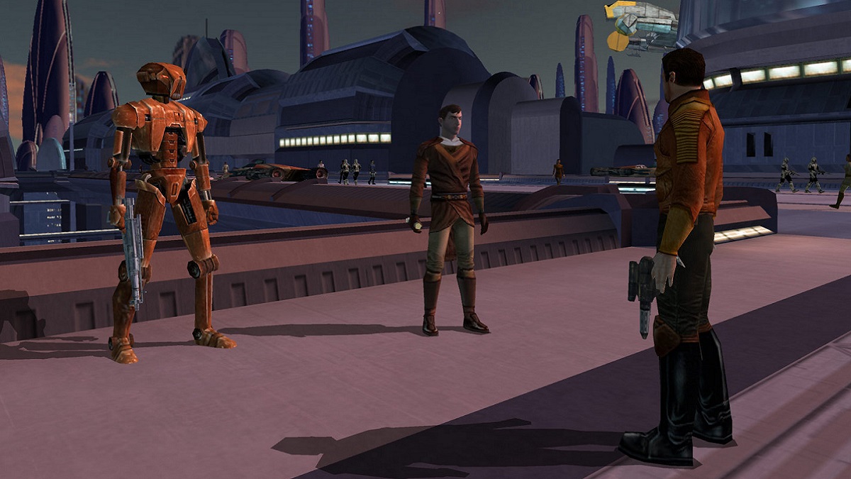 Knights of the Old Republic: Star Wars characters standing Mexican stand-off style.