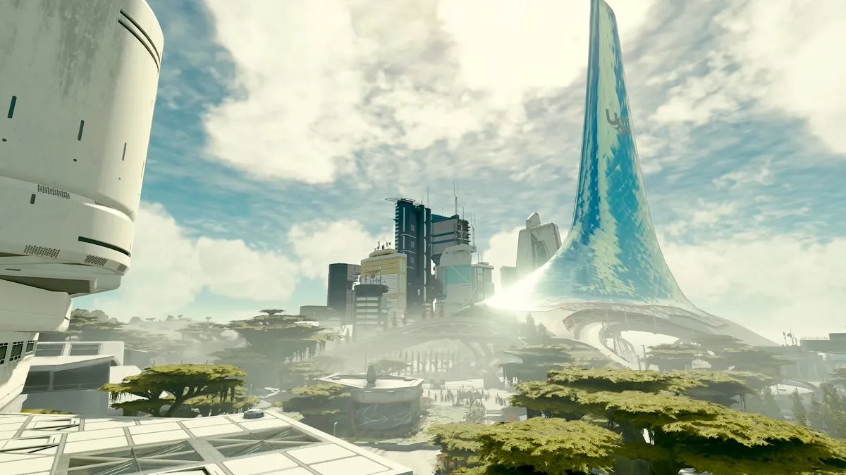 Starfield: a daytime shot of the city of New Atlantis.