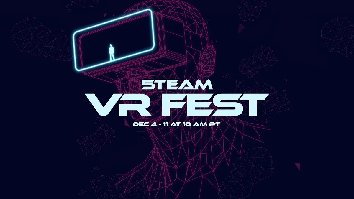 Steam VR Fest: a wireframe head wearing a VR headset.