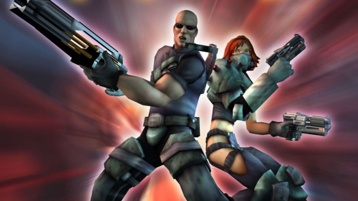 TimeSplitters: Sergeant Cortez and Corporal Hart stood back to back on a red background.