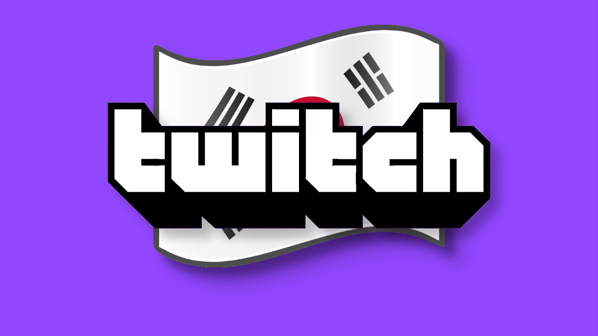 Das Twitch-Logo auf violettem Hintergrund mit der südkoreanischen Flagge dahinter.