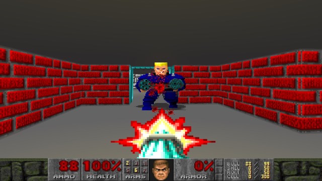 Wolfenstein 3D: a recreation of the game in Doom 2 showing the player shooting a soldier.