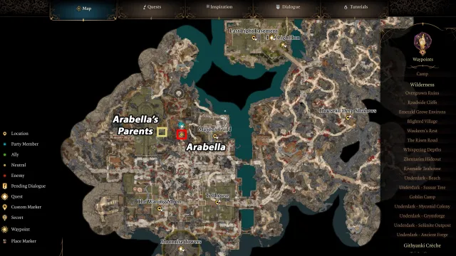 A map of the Find Arabella's Parents questline in Act 2 of BG3