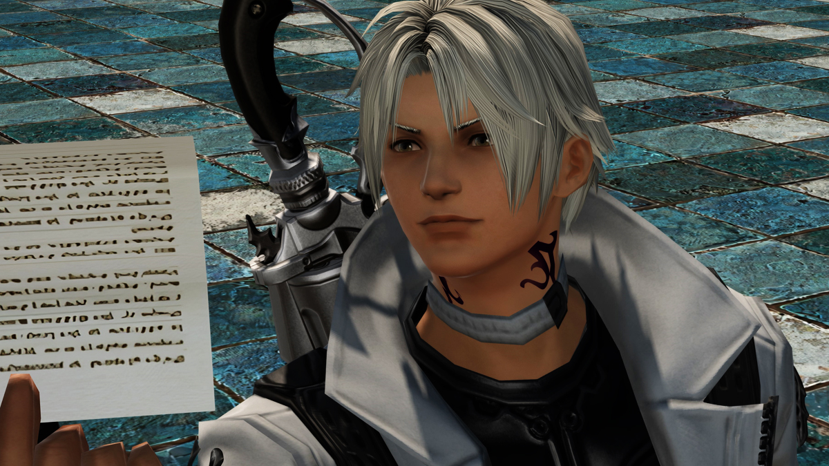 Thancred, as he appears in one of the Endwalker era FFXIV patches holding a note