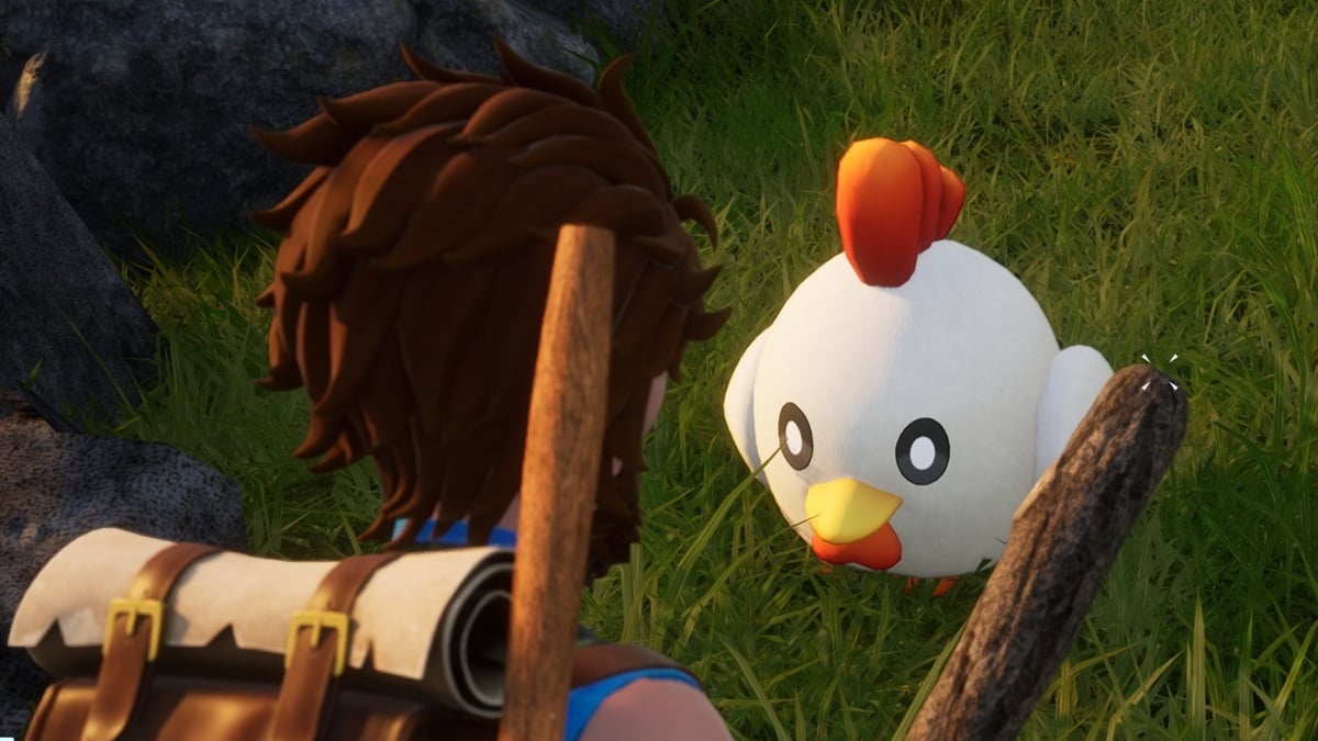 An ominous-looking picture of the Palworld player character hovering over a chicken Pal with a bat.