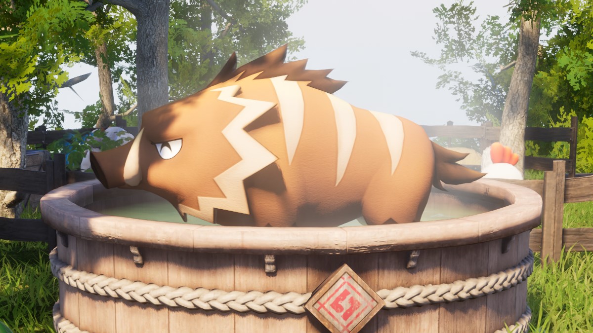 A Rushroar improving his sanity in a Hot Spring in Palworld