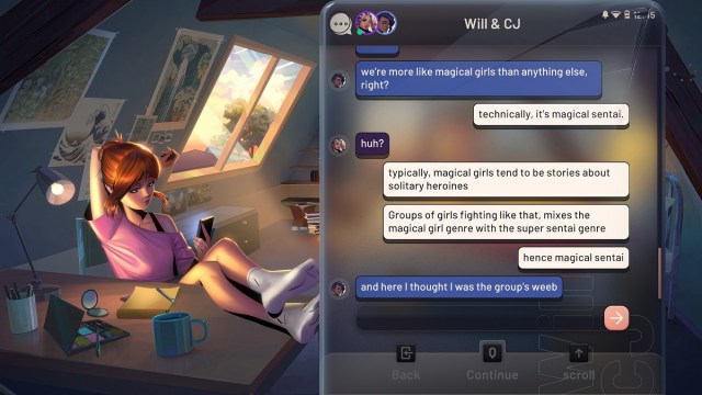 Text-Chat-Bildschirm von Nova Hearts mit Luce am Schreibtisch