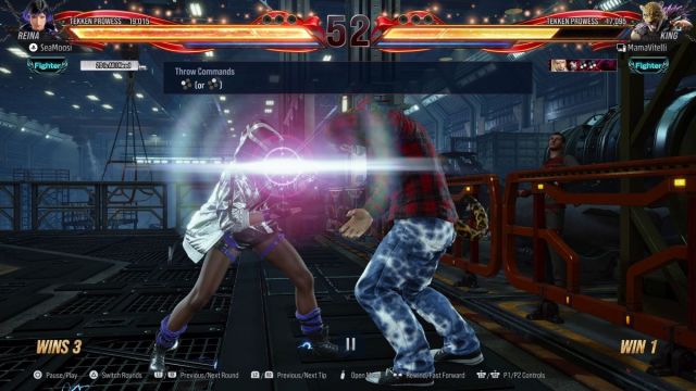 Reina versus King in Tekken 8, the two are fighting in the Training Lab mode