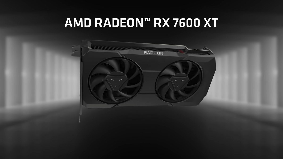 AMD: the new RX Radeon 7600 XT graphics card on a gray background.