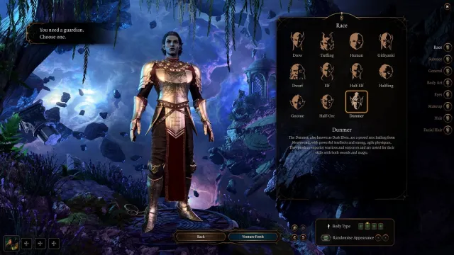 Baldur's Gate 3: Ein Screenshot, der einen Dunmer zeigt, der auf dem Charakter-/Rassenauswahlbildschirm verfügbar ist.