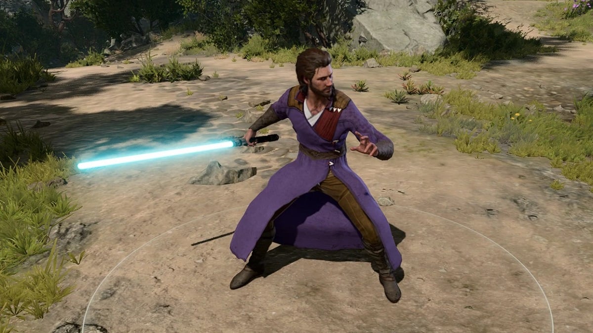 Baldur's Gate 3: a character in purple holds a blue lightsaber.