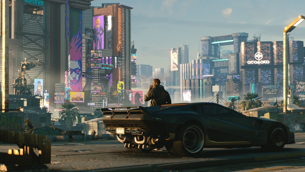 Cyberpunk 2077: V looking out at the city while leaning against a car and smoking.