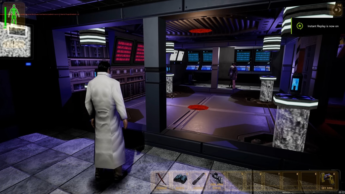 Deus Ex: the inside of a lab, showing a scientist with their back to the camera.