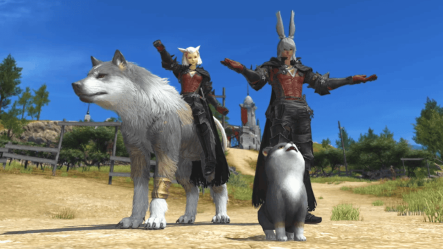Two Veira wearing the Metian Attire, part of the FFXVI collab with FFIX. There is also the Torgal mount and puppy Torgal minion. 