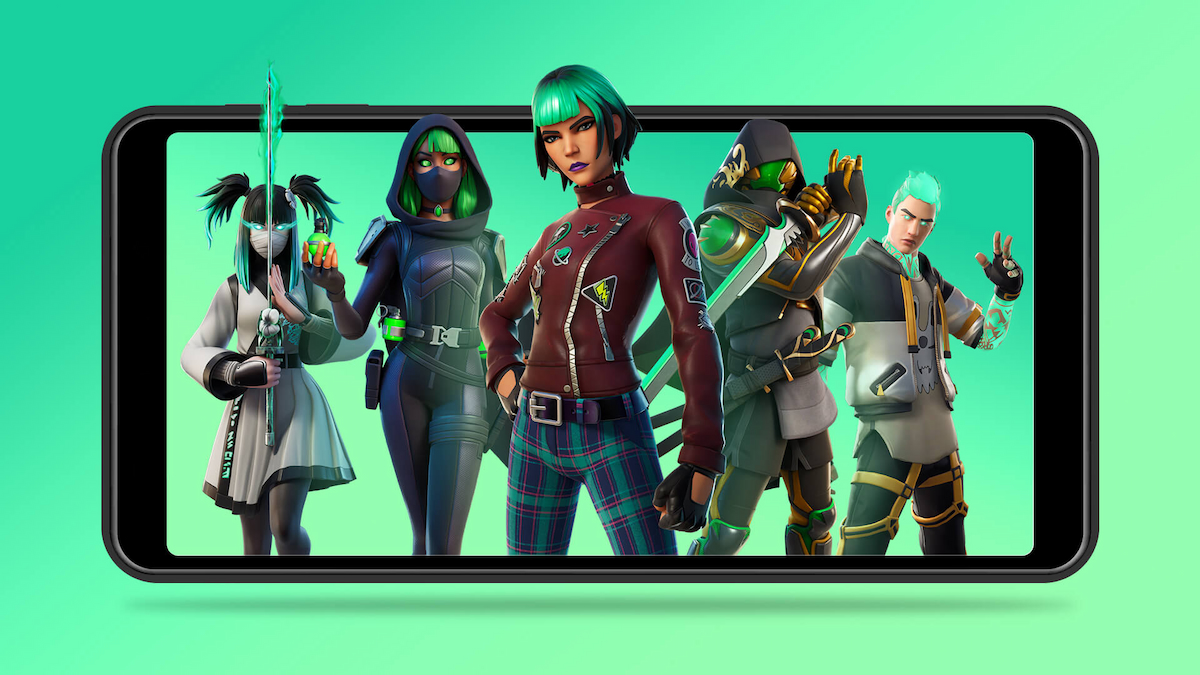 Fortnite characters on phone screen against green background