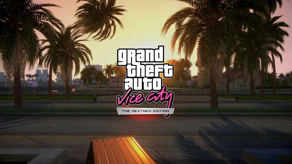 GTA Vice City-Logo mit Sonnenuntergang und Palmen im Hintergrund.